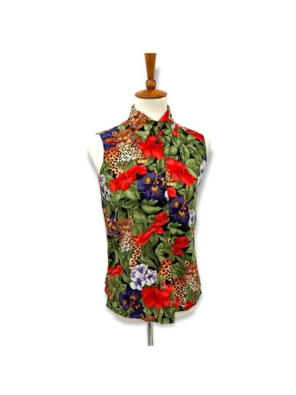 Vintage Jungle Leopard Graphic Button Up Shirt Collar Button Down Size S